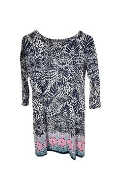 Lilly Pulitzer Navy White Printed 3/4 Sleeve Tunic with Pink Teal Border
